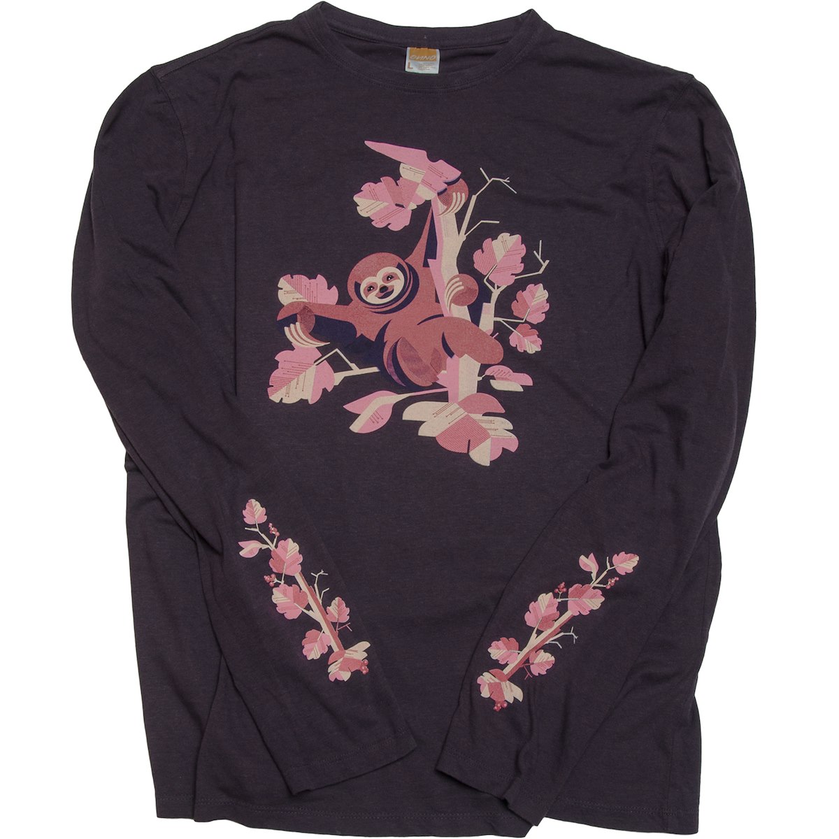 A dark long-sleeve shirt featuring a playful sloth on a tree surrounded by pink leaves, with matching leaf designs on the sleeves.