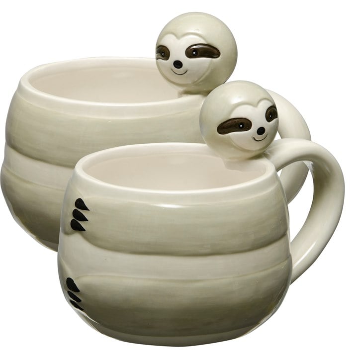 Two white mugs with sloths on them