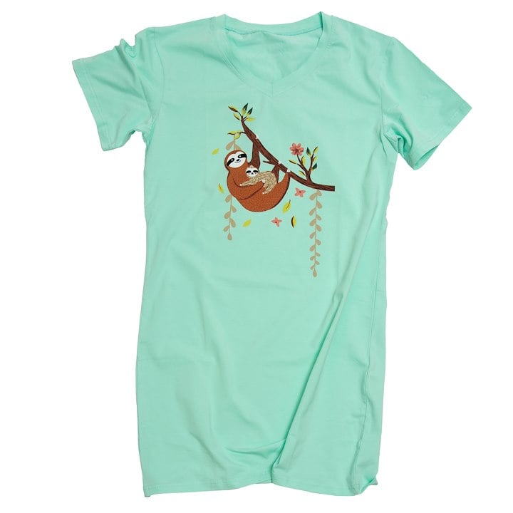 A long aqua shirt with a sloth and baby sloth on it