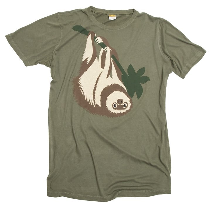 A green t-shirt with a sloth on it