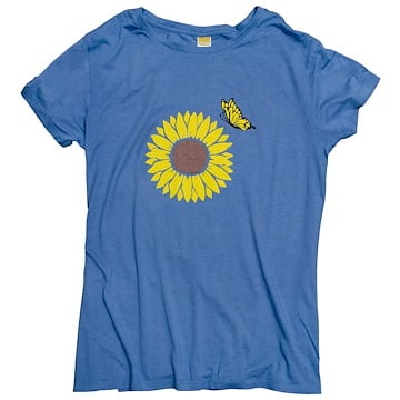 A blue shirt with a yellow sunflower and a butterfly