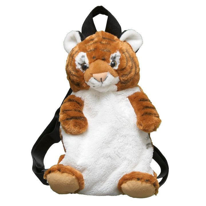 A stuffed tiger backpack with a black strap