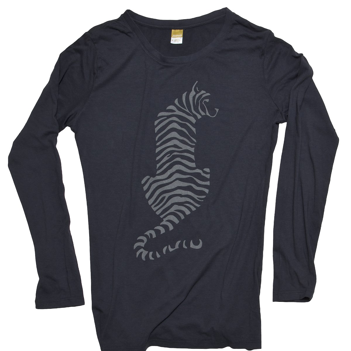 A dark purple long-sleeve shirt features a graphic design of a stylized zebra in gray tones.