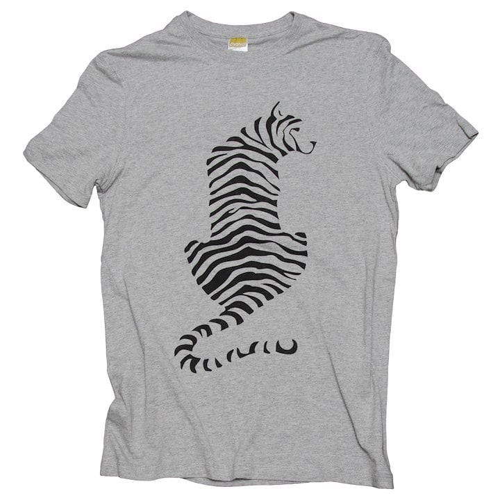 A grey t-shirt with an abstract tiger design