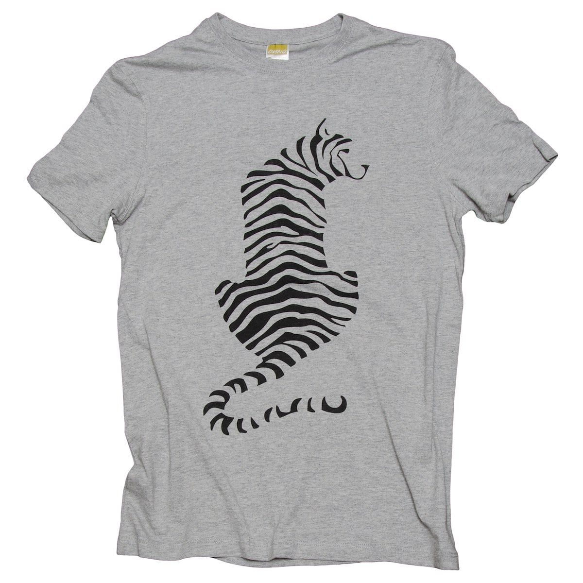 A grey t-shirt with an abstract tiger design