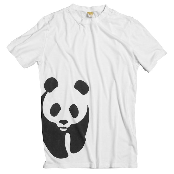 A white T-shirt features a black panda graphic on the side.