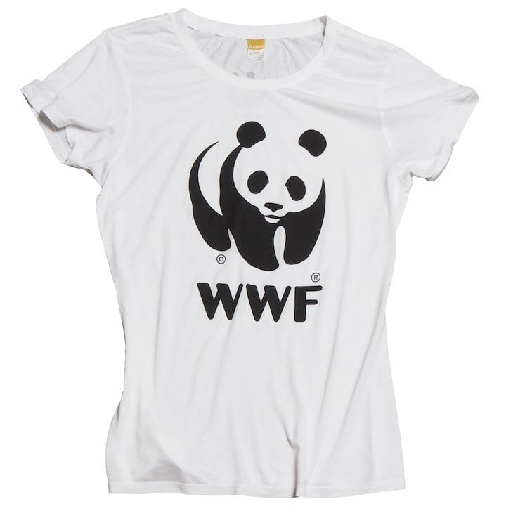 A white T-shirt featuring the WWF logo with a black panda graphic and the letters "WWF" underneath.