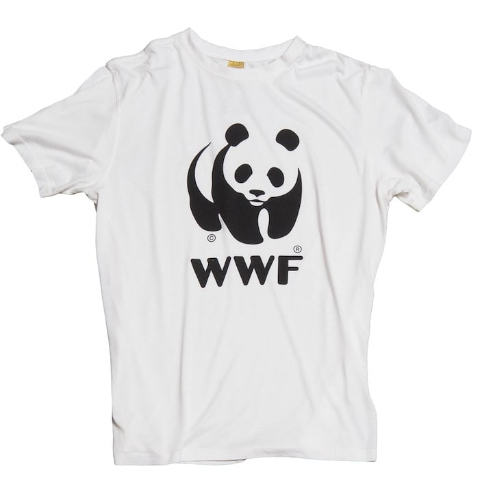 A white t-shirt with WWF panda logo on it