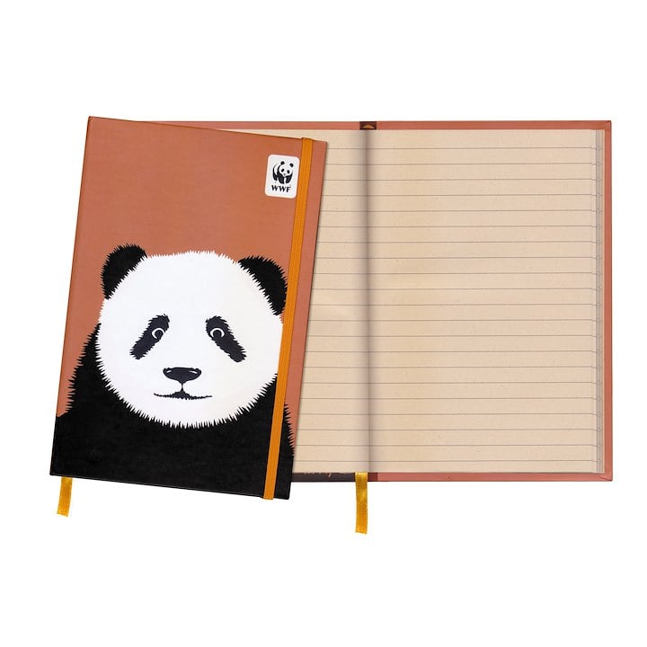 An open orange journal with a panda face cover and lined paper