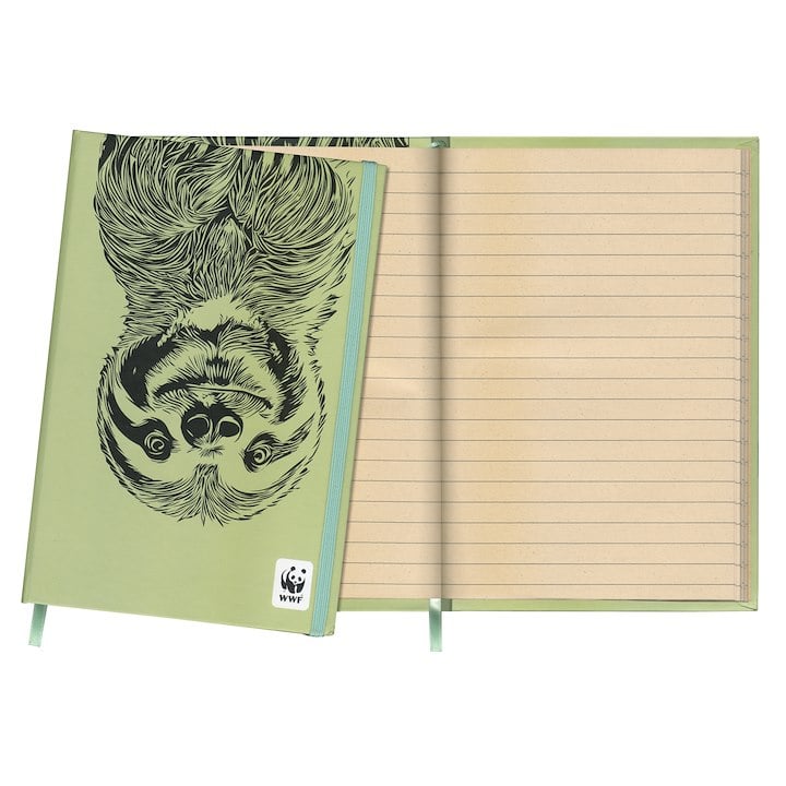 An open green journal with a sloth face cover and lined paper