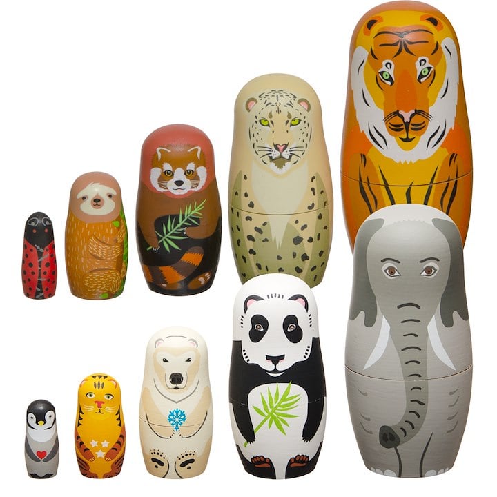 Ten animal themed nesting dolls