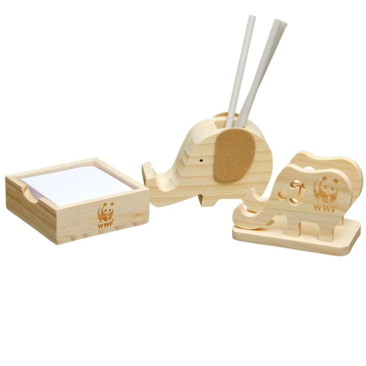 A wooden elephant with pencils, notepad and holder, and wooden elephant index holder