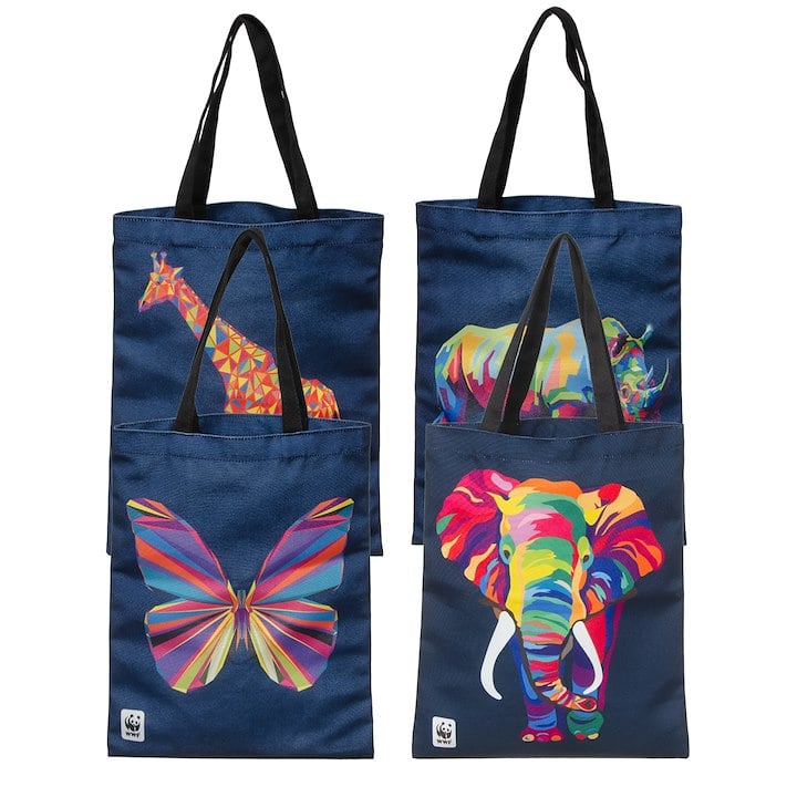 A group of 4 blue bags with rainbow animals designs