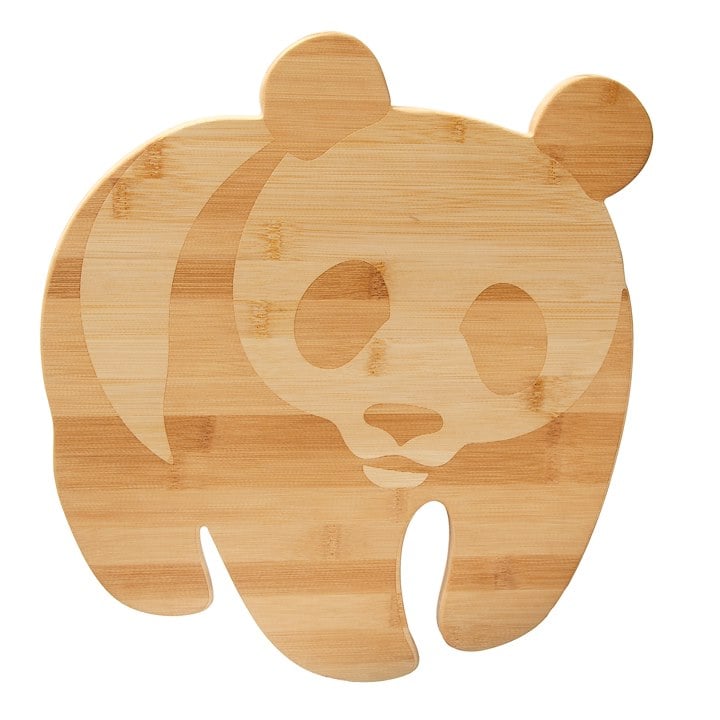 A panda-shaped bamboo wooden cutting board with engraved features.