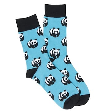 A pair of blue socks with WWF panda logos on them